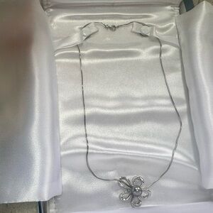 Na Hoku Silver Floating Plumeria Necklace with Tahitian Pearl